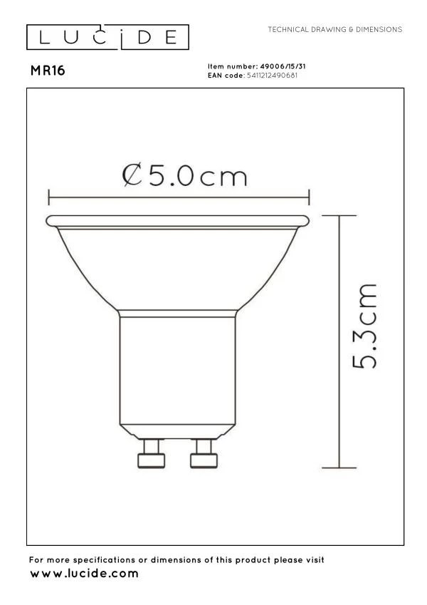 Lucide MR16 - Led lamp - Ø 5 cm - LED Dimb. - GU10 - 3x5W 3000K - Wit - Set van 3 - technisch